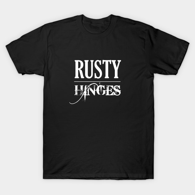 Rusty Hinges (White Logo) T-Shirt by basementfort